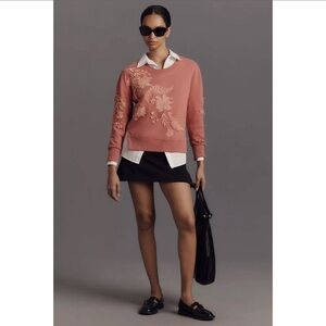 Anthropologie fern & flower sweatshirt pink rose appliqué floral Small